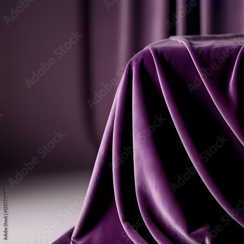 A richly draped purple fabric falls gracefully over the corner of a table, creating soft, elegant folds. The deep hue and luxurious material add an air of sophistication to the scene.