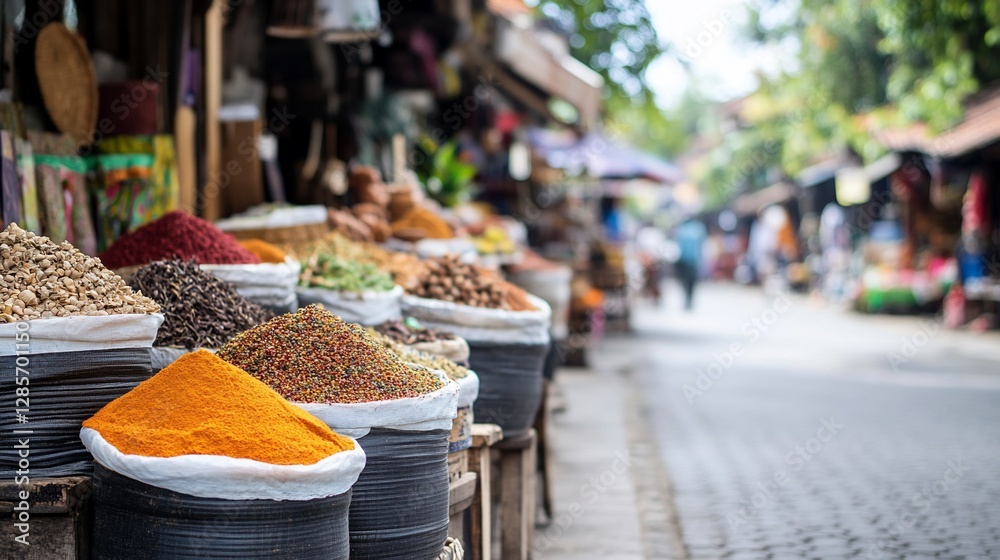 Fototapeta premium Colorful spices at market, street scene