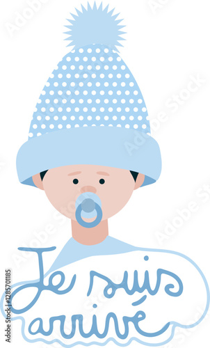 Annonce naissance "je suis arrivé" avec bébé à la peau claire avec un bonnet bleu et une tétine