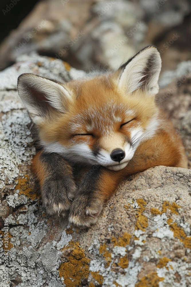 Fototapeta premium A small red fox sleeping on a rock with its eyes closed
