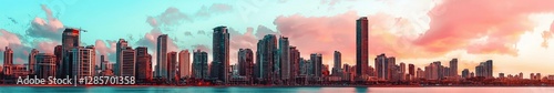 Vibrant City Skyline at Sunset Reflecting on Calm Water Surface