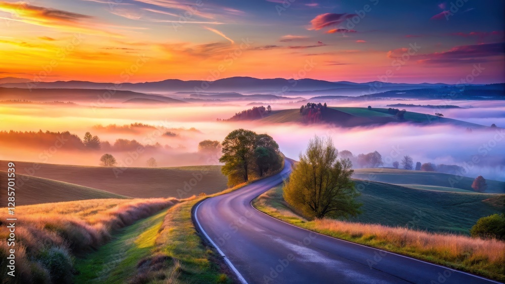 Serene Sunrise Road Winding Through Misty Valley Landscape Serene Sunrise Road Winding Through Misty Valley Landscape