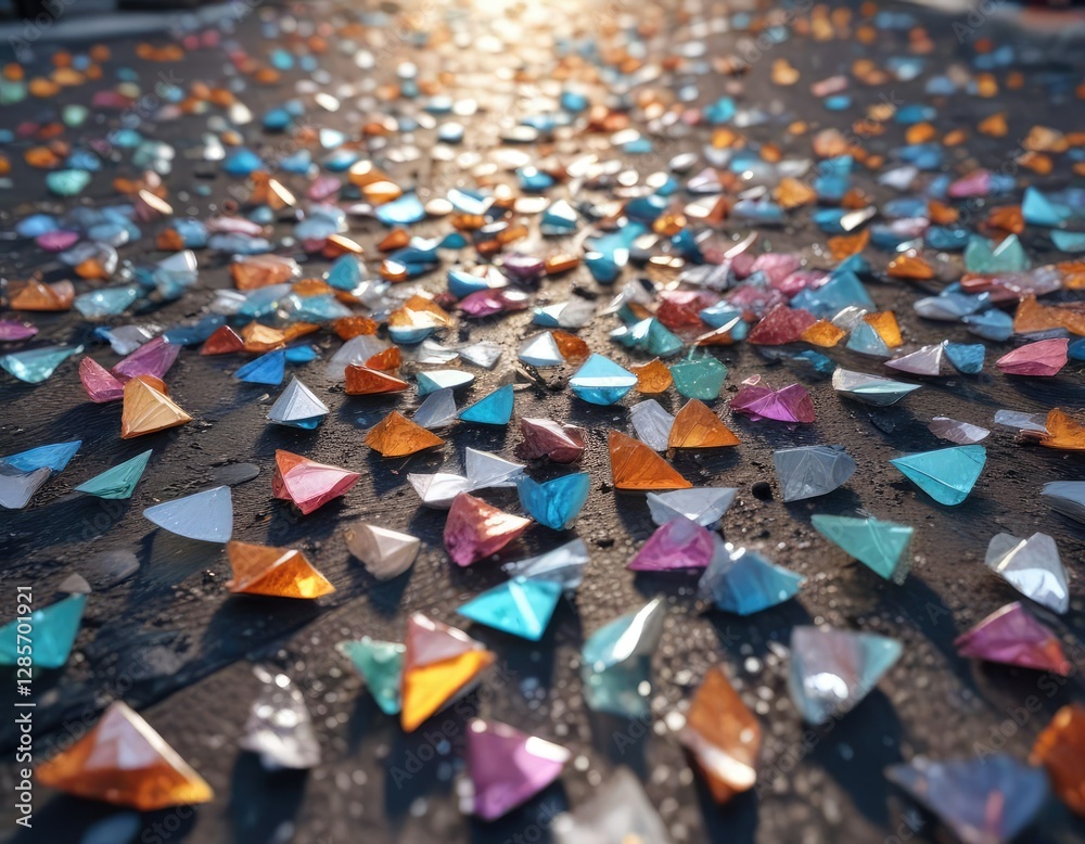 Fototapeta premium Fragmented glass shards scattered on the ground , modern, shards