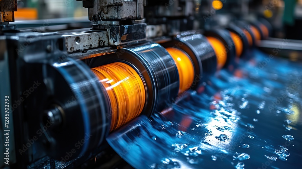 Fototapeta premium This close-up shot highlights high-quality magazine, brochure, and poster printing services, showing the printing machine rollers and freshly printed materials.