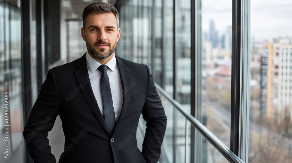 Confident businessman office portrait, city view Confident businessman office portrait, city view