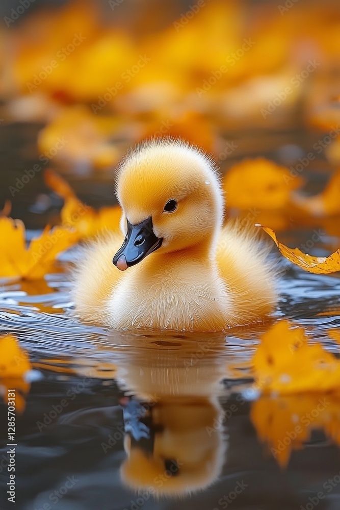 A small yellow duckling swimming in a body of water surrounded by leaves A small yellow duckling swimming in a body of water surrounded by leaves