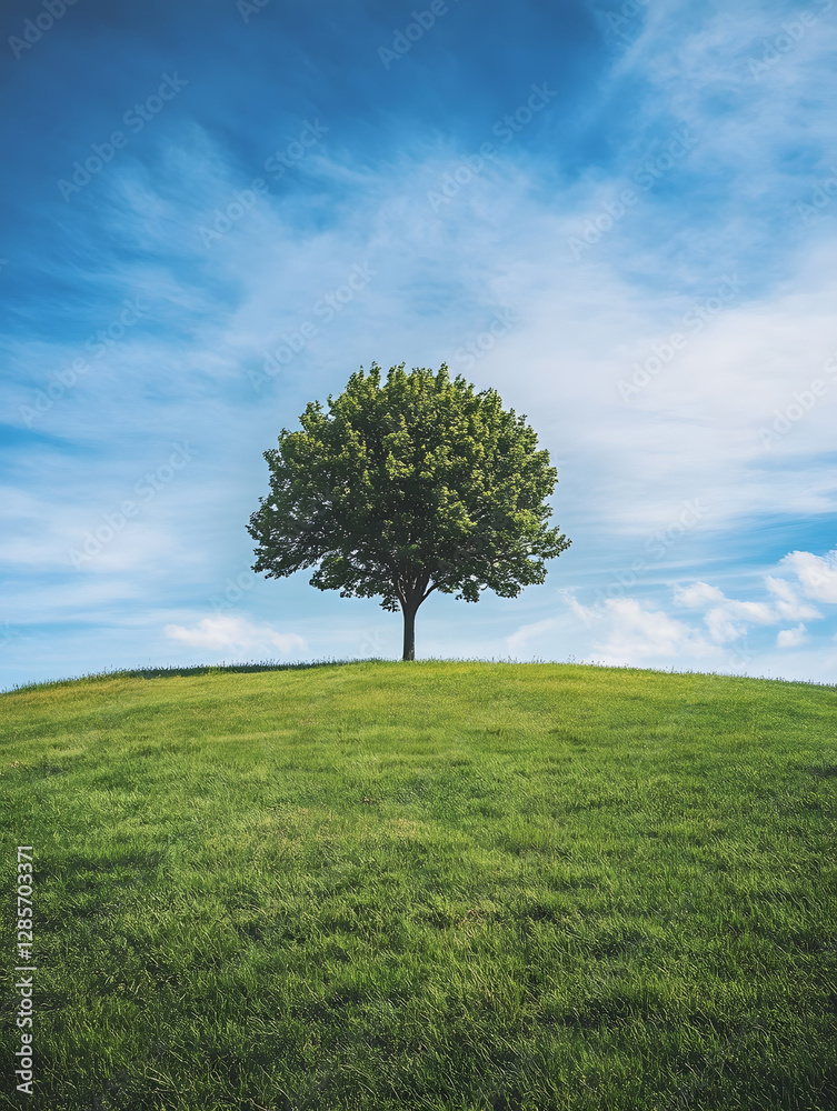 Solitary Tree on Green Hill Under Clear Blue Sky in Sunny Open Landscape : Generative AI Solitary Tree on Green Hill Under Clear Blue Sky in Sunny Open Landscape : Generative AI