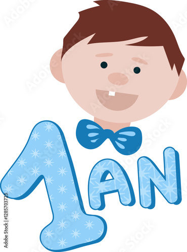 Illustration premier anniversaire bébé garçon aux cheveux chatains - 1 an