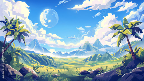Cartoon landscape with palm trees and mountains creates a tranquil scene under a bright sky with a prominent moon For use in digital art and backgrounds.