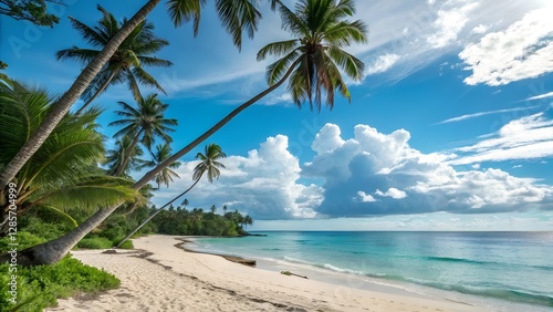 Tropical Paradise: A stunning coastal vista unfolds, where a pristine sandy beach meets the azure ocean under a cerulean sky dotted with fluffy clouds, framed by lush palm trees. photo