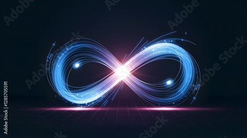 Company mission abstract: A glowing infinity symbol intertwined with light trails, representing a company's limitless potential and enduring vision.
