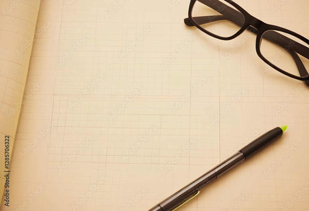 Spectacles and a highlighter on a graph paper background Spectacles and a highlighter on a graph paper background
