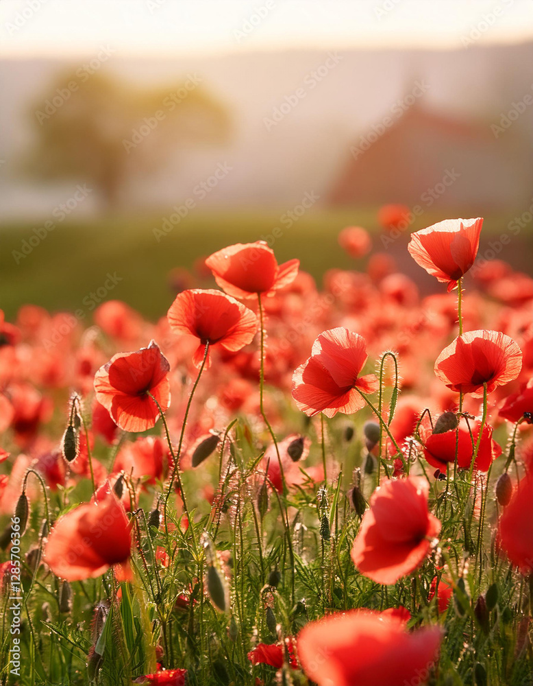 Fototapeta premium Field of red poppies blooming in spring or summer, soft blurred background. Floral meadow landscape
