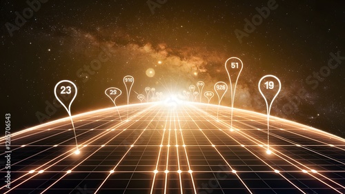 Digital company timeline: A radiant, glowing timeline stretching into the distance, with key milestones represented as luminous markers floating in space.