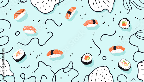 a collection of sushi rolls and sashimi arranged in a playful, abstract pattern against a light blue background with black lines and dots.
