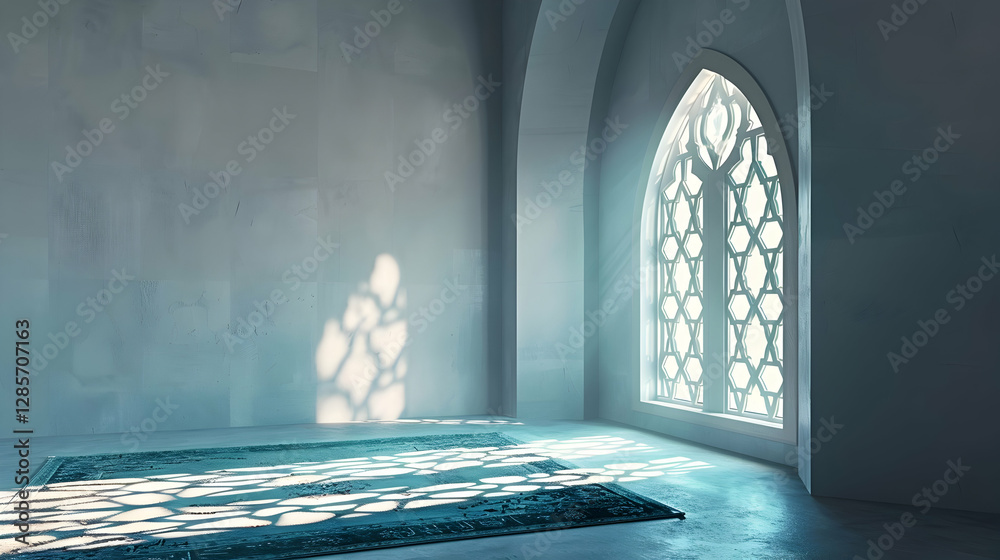 Obraz premium Serene interior of a sunlit room with intricate window designs and a soft rug casting shadows
