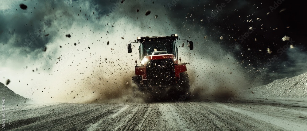 Powerful tractor plowing through dusty terrain Powerful tractor plowing through dusty terrain