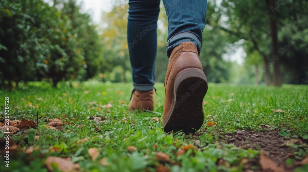 Person Walking on Grass in a Lush Green Park Person Walking on Grass in a Lush Green Park