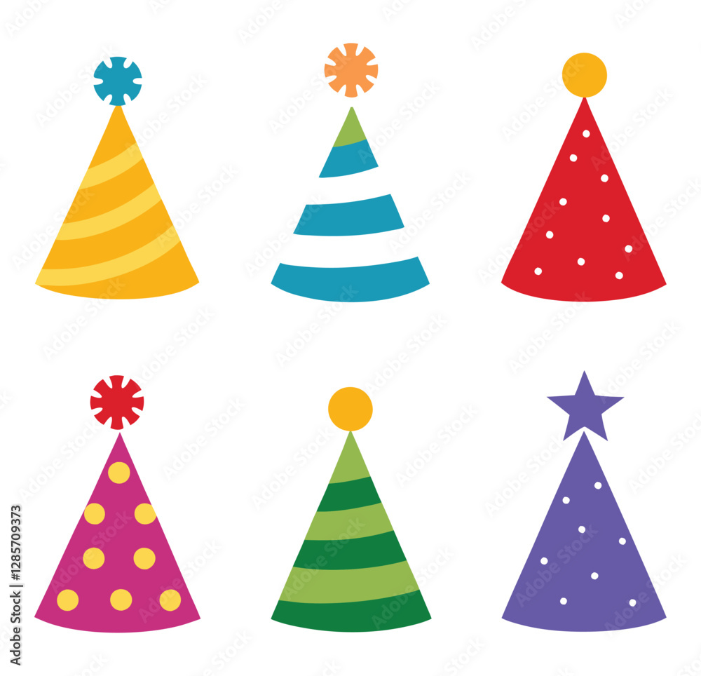 Birthday party hats set isolated on white background. Vector party cone hats with cute decoration. Birthday party hats set isolated on white background. Vector party cone hats with cute decoration.