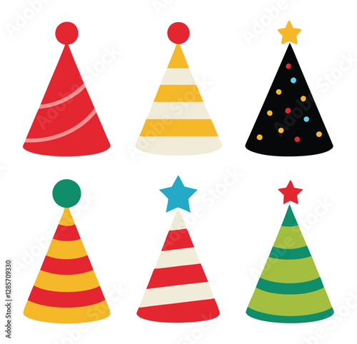 Set of Birthday party hats isolated on white background. Festive cone hats collection. vector illustration