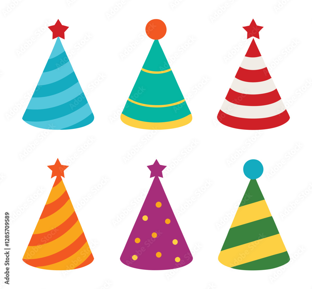 Set of Birthday party hats isolated on white background. Festive cone hats collection. vector illustration Set of Birthday party hats isolated on white background. Festive cone hats collection. vector illustration
