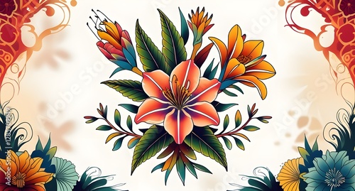 A vibrant bouquet of colorful flowers, including lilies, is artistically arranged against a decorative background with intricate patterns. 
