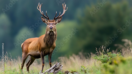 Majestic Stag Standing in Lush Green Forest Captured in Wild Nature : Generative AI
