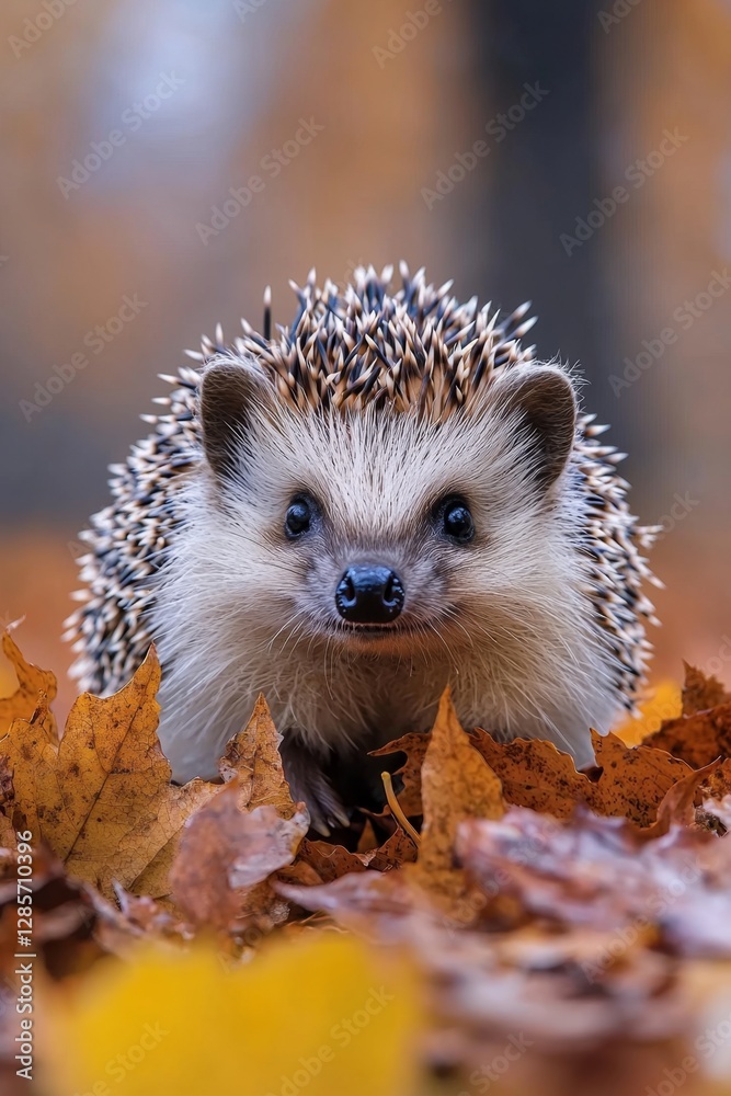 A small hedgehog sitting on top of a pile of leaves A small hedgehog sitting on top of a pile of leaves