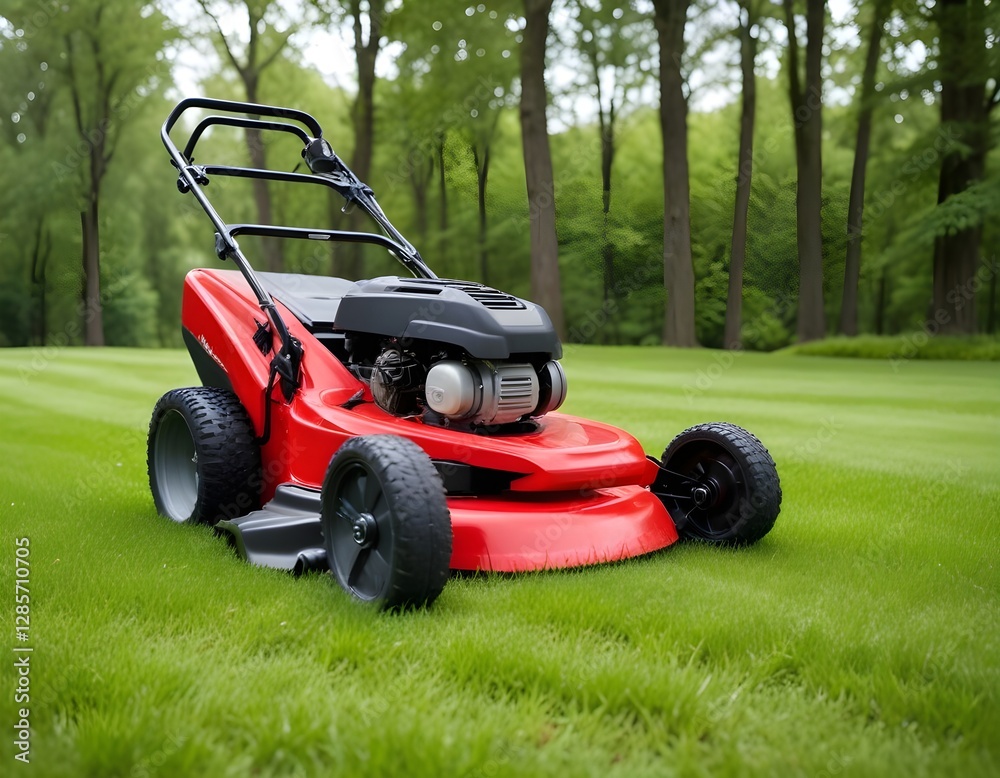 A and gray lawn mower in a grassy field with trees in the background A and gray lawn mower in a grassy field with trees in the background