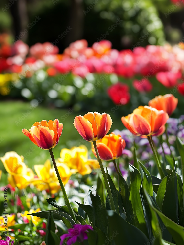 Vibrant Blooming Garden with Orange and Yellow Tulips in Springtime : Generative AI Vibrant Blooming Garden with Orange and Yellow Tulips in Springtime : Generative AI