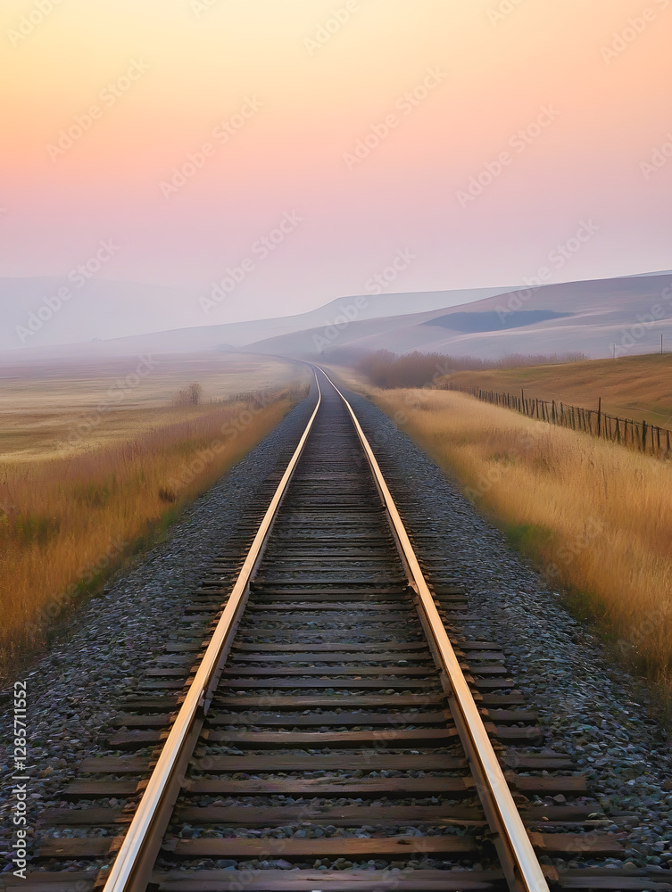 Fototapeta premium Tranquil Railway Tracks at Sunset in Open Countryside Landscape Photography : Generative AI