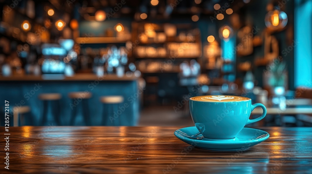 Teal coffee cup on wooden table in cafe, blurred background Teal coffee cup on wooden table in cafe, blurred background