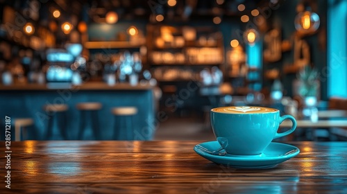 Teal coffee cup on wooden table in cafe, blurred background