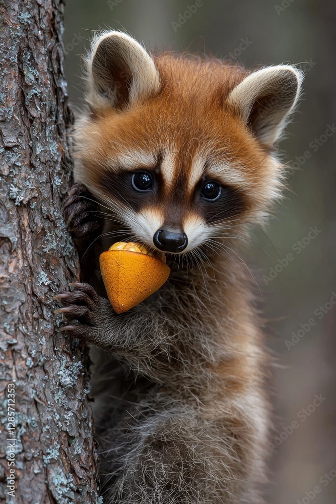 Obraz premium A raccoon holding an acorn in its mouth on a tree