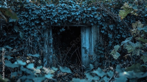 Enigmatic Hidden Bunker Overgrown with Ivy in the Woods photo