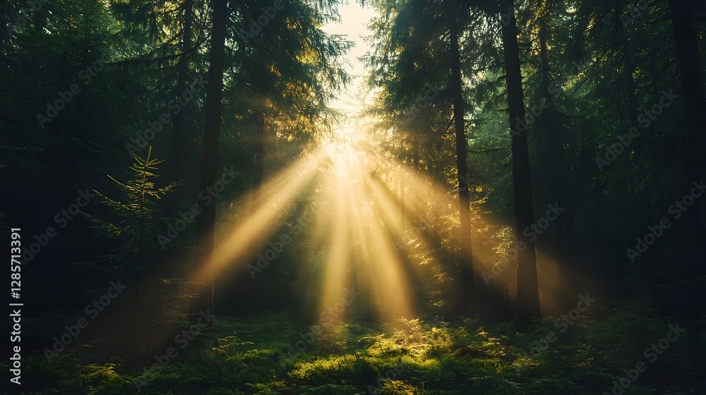 Obraz premium Dramatic morning sunlight piercing through tall pine trees in a misty serene forest creating long atmospheric shadows on the ground with copy space included
