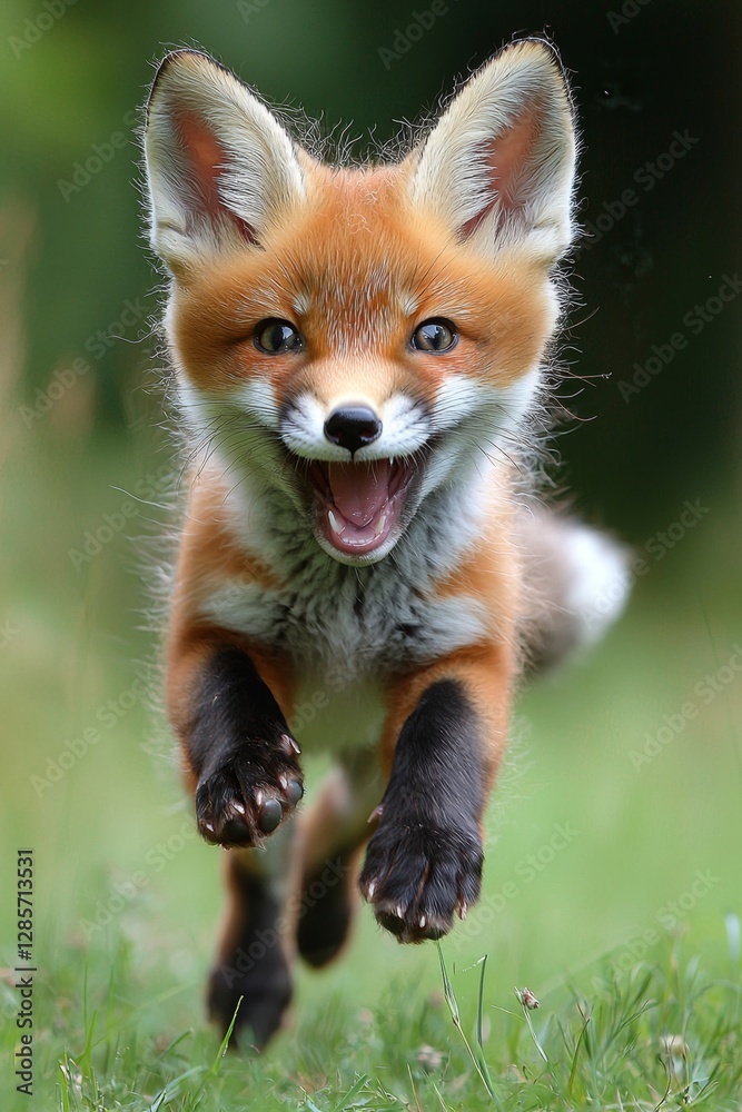 Fototapeta premium A small red fox running across a lush green field