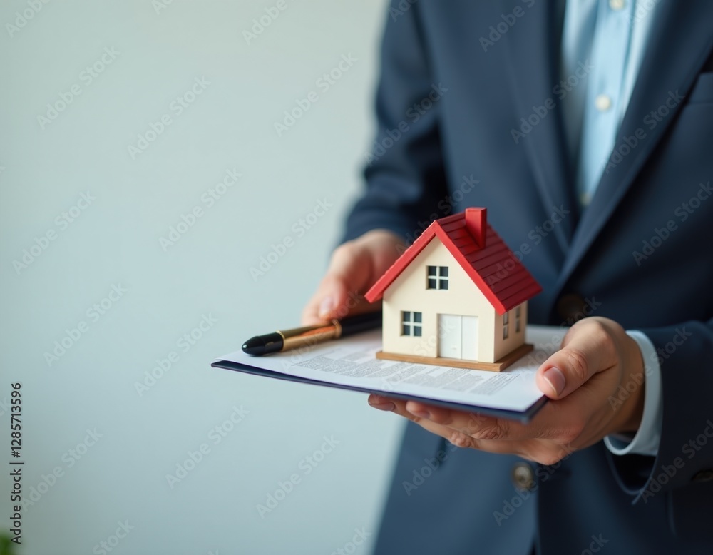 Real Estate Agent Holding House Model and Contract Real Estate Agent Holding House Model and Contract
