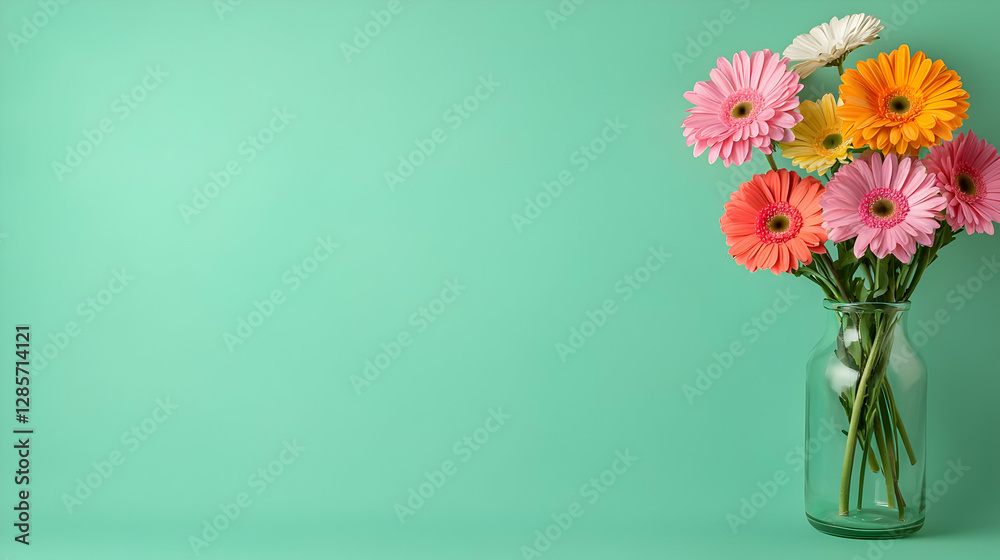 Colorful gerbera daisies in glass vase, teal background, copy space, spring Colorful gerbera daisies in glass vase, teal background, copy space, spring