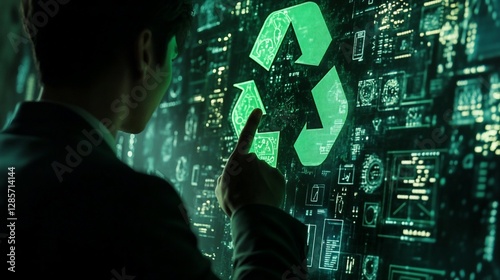 Man interacts with a digital recycling symbol on a futuristic screen.