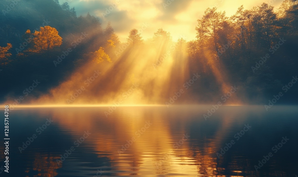 sunlight streams through the trees, reflecting on a tranquil lake. The image evokes a sense of serenity and natural beauty sunlight streams through the trees, reflecting on a tranquil lake. The image evokes a sense of serenity and natural beauty