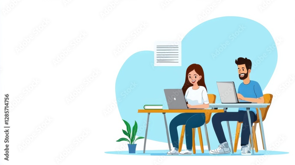 Two Coworkers Collaborating on Project Using Laptops in Modern Office Setting Two Coworkers Collaborating on Project Using Laptops in Modern Office Setting