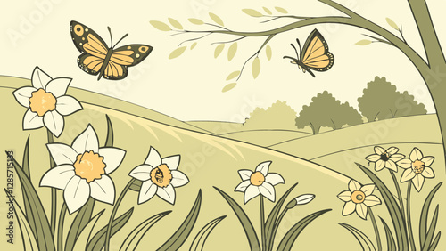Floral nature design with green grass, spring flowers, and fluttering butterflies creates a seamless summer pattern photo
