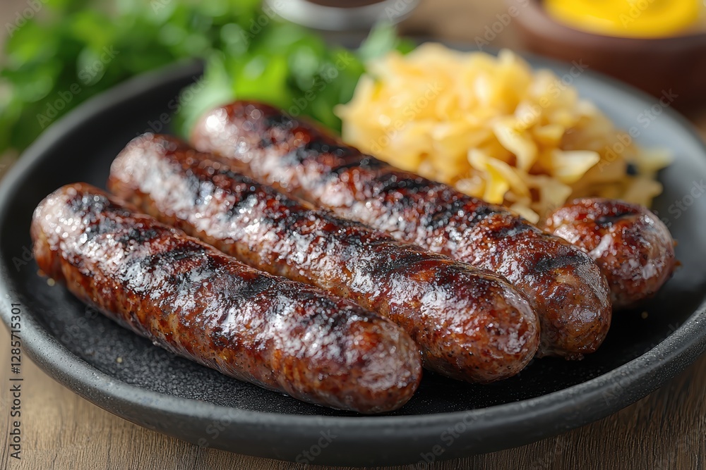 Sizzling german bratwurst with sauerkraut and mustard germany food photography rustic kitchen close-up culinary delight Sizzling german bratwurst with sauerkraut and mustard germany food photography rustic kitchen close-up culinary delight