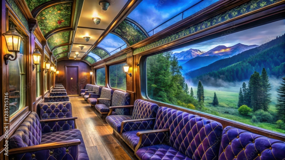 Naklejka premium Luxurious Vintage Train Carriage Interior with Scenic Mountain View from Large Windows at Dawn