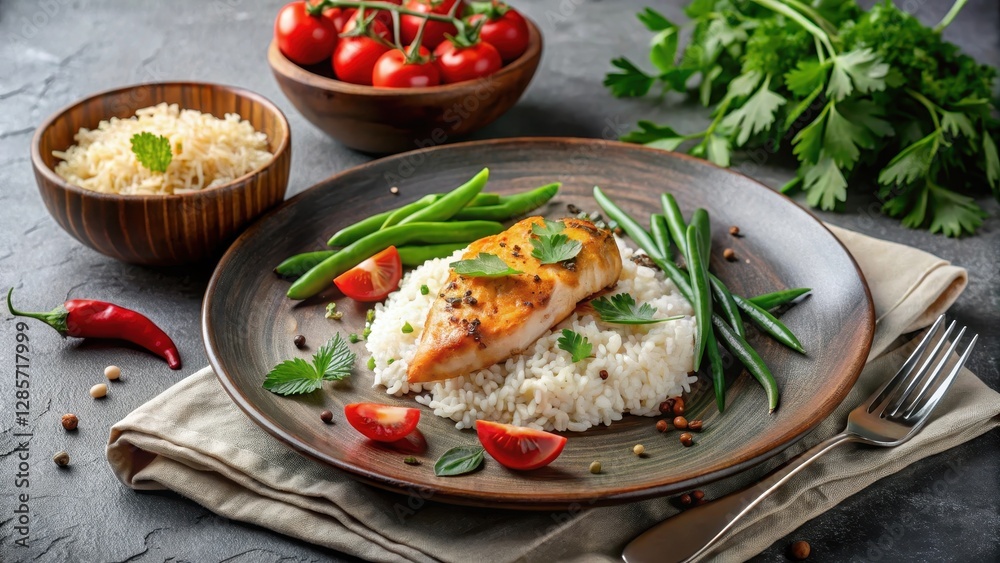 Aromatic Pan-Seared Chicken Breast Served on a Bed of Fluffy White Rice, Accompanied by Tender Green Beans and Juicy Cherry Tomatoes, a Simple Yet Exquisite Culinary Delight Aromatic Pan-Seared Chicken Breast Served on a Bed of Fluffy White Rice, Accompanied by Tender Green Beans and Juicy Cherry Tomatoes, a Simple Yet Exquisite Culinary Delight