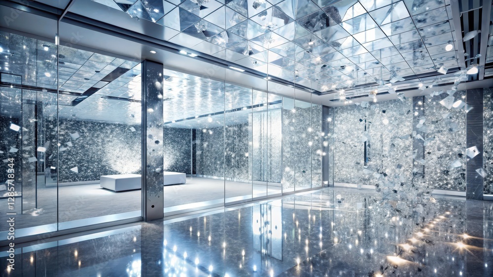 Obraz premium Modern Interior Design Shimmering Crystal Installation in a Luxurious Hallway with Reflective Surfaces and Ambient Lighting