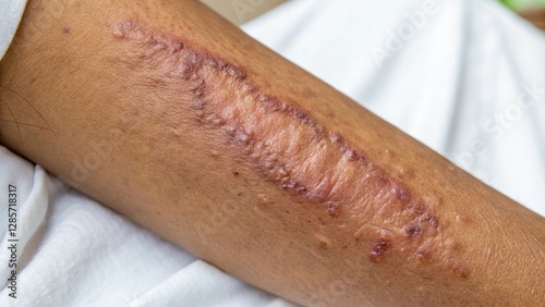 Close-up of keloid scar showing thick, raised tissue with irregular edges on healed wound. Visible difference in texture and color compared to surrounding skin