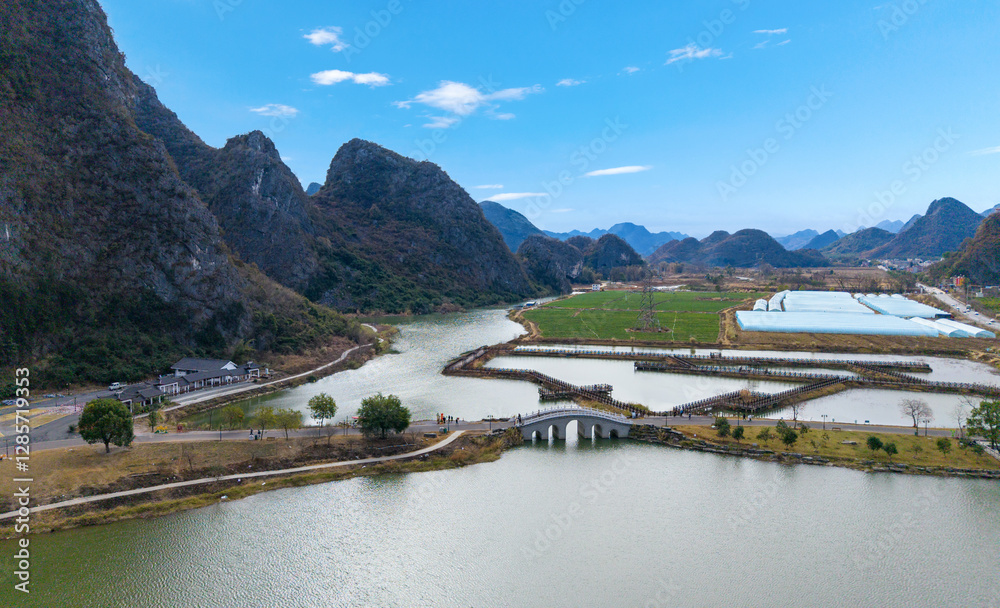 Rural scenery and karst landforms in Hezhou, Guangxi, China
