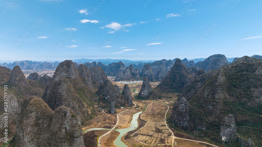 Rural scenery and karst landforms in Hezhou, Guangxi, China